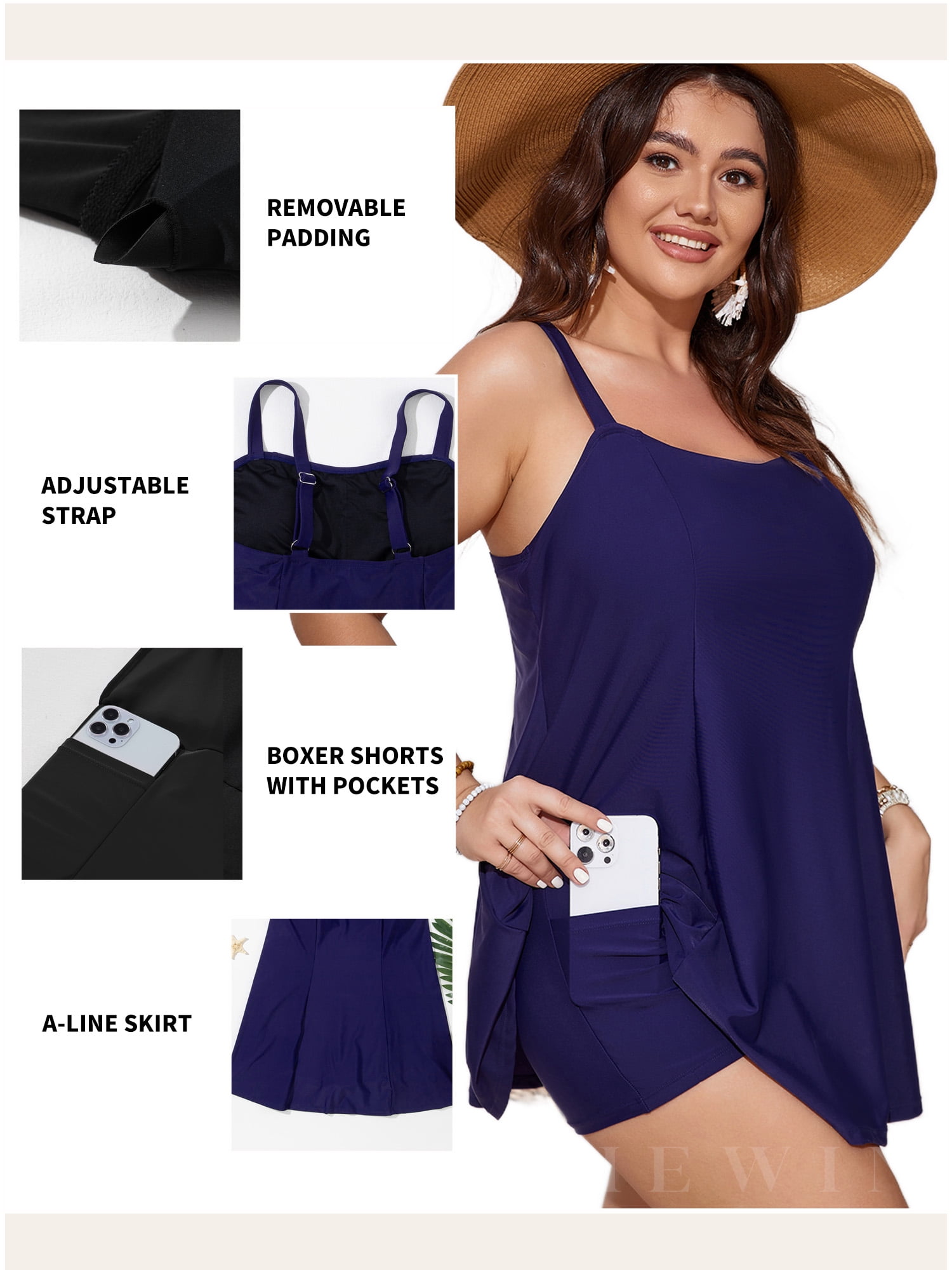 SHEWIN Woman Plus Bathing Suit One Piece Swim Dresses for Woman Tummy Control Swimm Suits with Pockets Navy Blue 3X