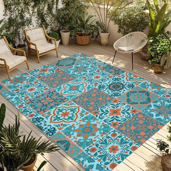 Retro Middle Century Outdoor Rug for Patio/Deck/Porch, Non-Slip Large Area Rug 5 x 8 Ft, Rustic Bohemia Style Aztec Blue Indoor Outdoor Rugs Washable Area Rugs, Reversible Camping Rug Carpet Runner
