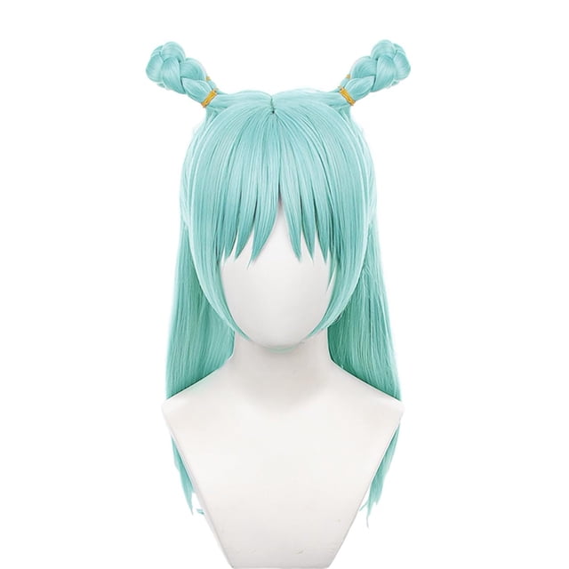 Peluca de cosplay azul claro con moño largo trenzado con flequillo
