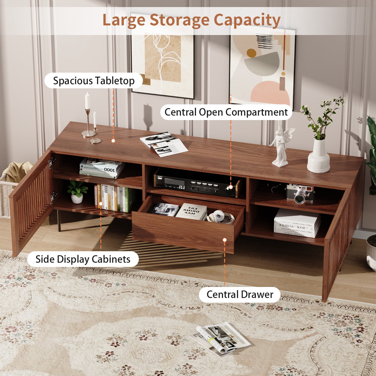 Hommpa TV Stand for 55/65/75/80 inch TV with 2 Slatted Doors and Drawer, Mid Century Modern TV Console for Living Room Bedroom, Storage Cabinets Entertainment Center for Gaming Media Console,Walnut