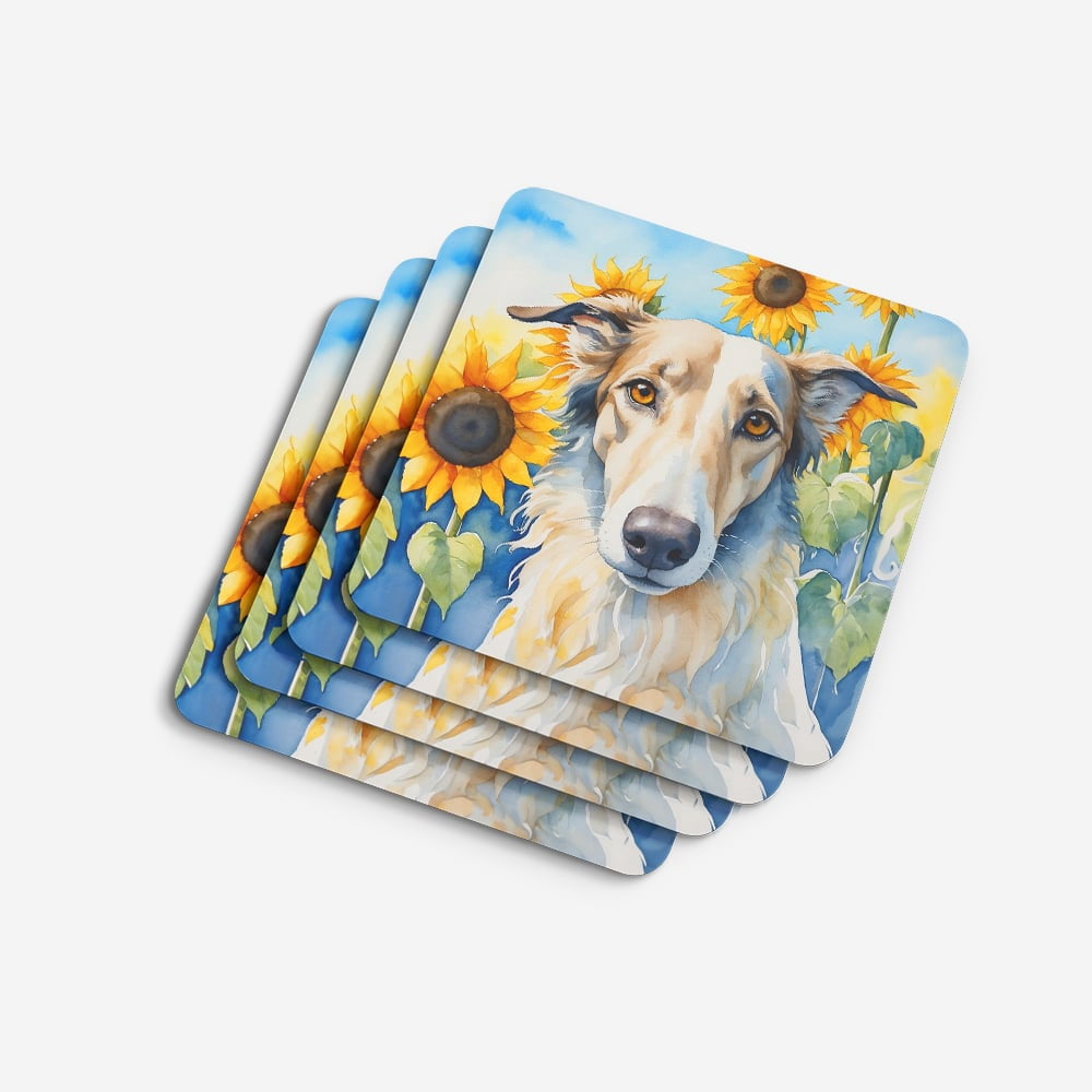 Borzoi in Sunflowers Foam Coasters 3.5 in x 3.5 in