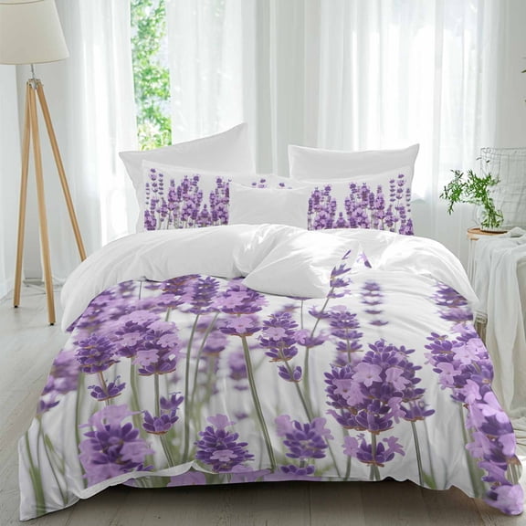 Lavender Queen Size Comforter Set, Purple Floral Leaves Plant White Background Bedding for All Seasons, 4 Pcs Bed Set, 1Quiltcover (90"x92") ,1Sheet(94"x116"), 2Pillowcases (30"x20")