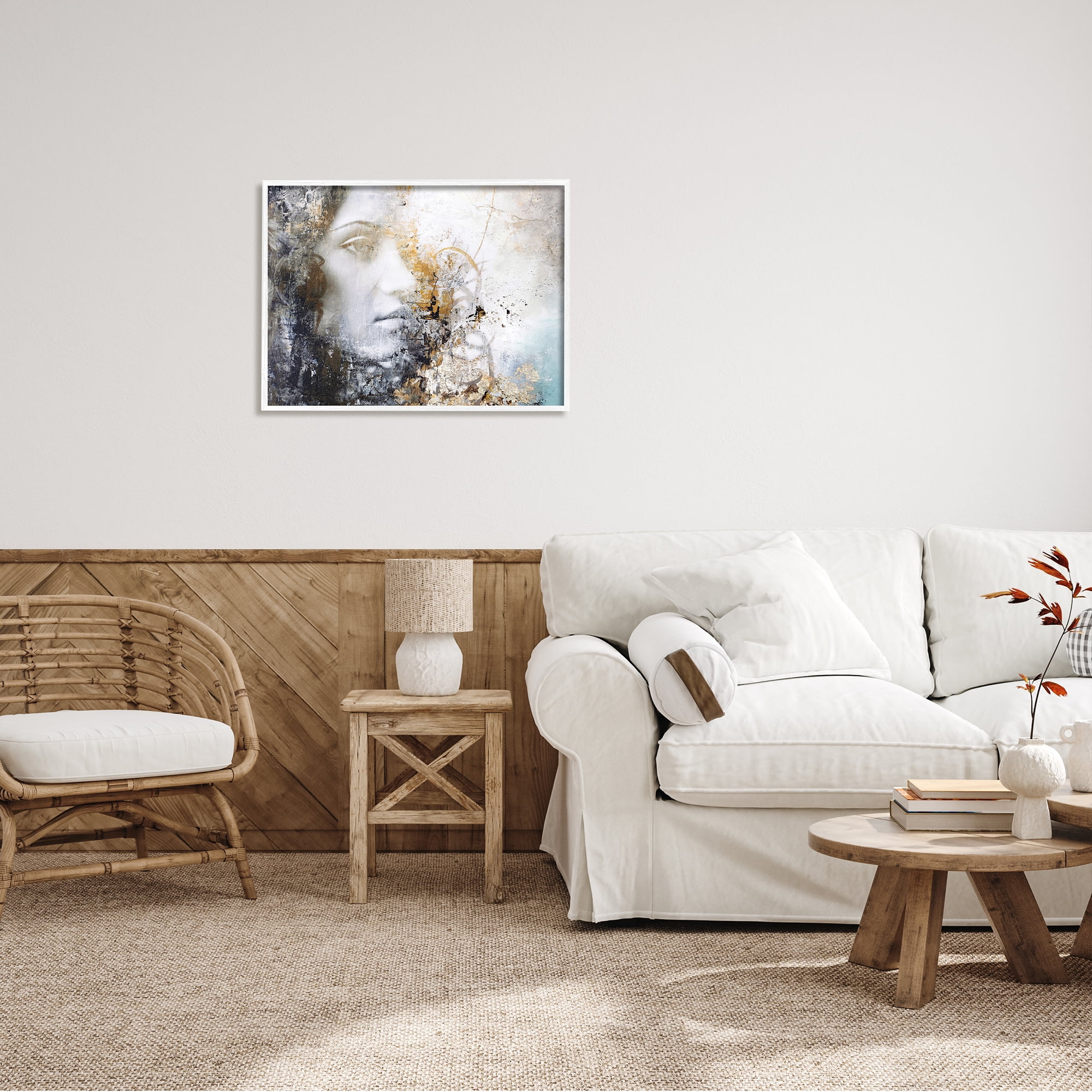Stupell Industries Abstract Woman Distressed Pattern Female Portrait Modern Painting Graphic Art White Framed Art Print Wall Art, 30x24, by Design Fabrikken
