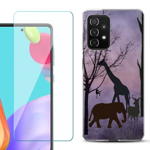 Slim-Fit Flexible Gel TPU Phone Case compatible with Samsung Galaxy A52 5G, with Tempered Glass Screen Protector, by OneToughShield ® - Twilight Safari