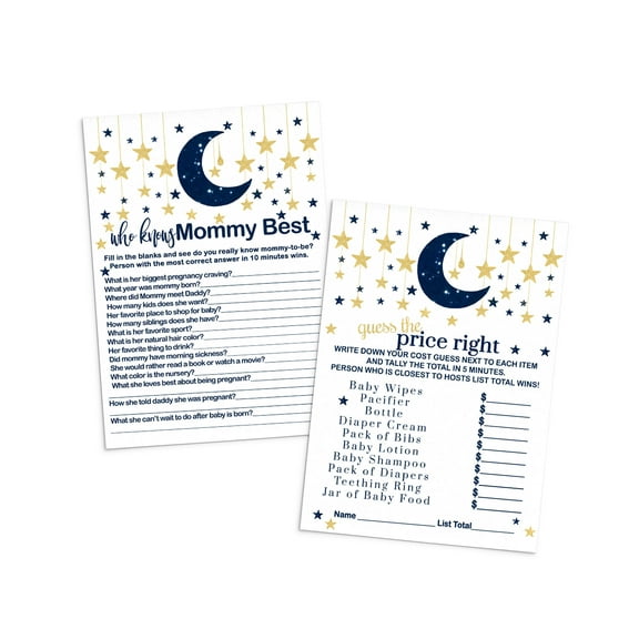 Twinkle Little Star Baby Shower Game Card Bundle 2 in 1 Pack (25 Each) Includes Guess the Price - Who Knows Mommy Best - Boys Navy and Gold Celestial Moon - Double Sided Set - Paper Clever Party