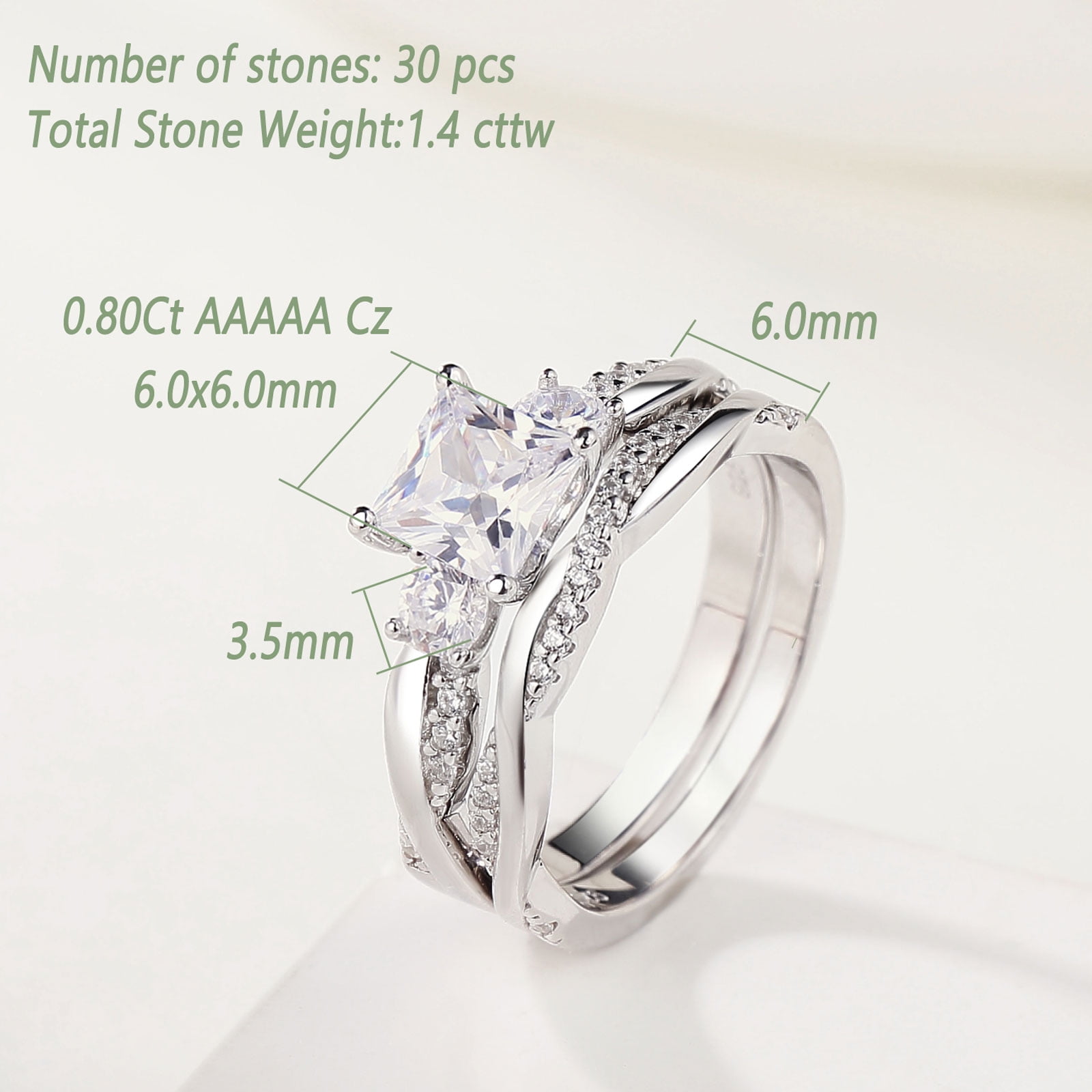Wuziwen 1 Carat Wedding Ring Sets Infinity Band Princess Sterling Silver Rings for Women CZ Size 7