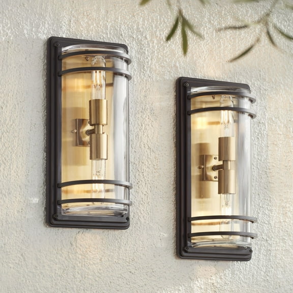 John Timberland Habitat Modern Industrial Outdoor Wall Light Fixtures Set of 2 Bronze Brass 16" Clear Glass for Post Exterior Barn Deck