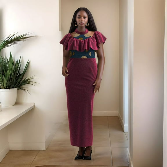 Bintarealwax Velour African Elegant Dresses for Women Lady Party Weaving Velour Collar African Print A-line Dress Evening Dresses WY10839