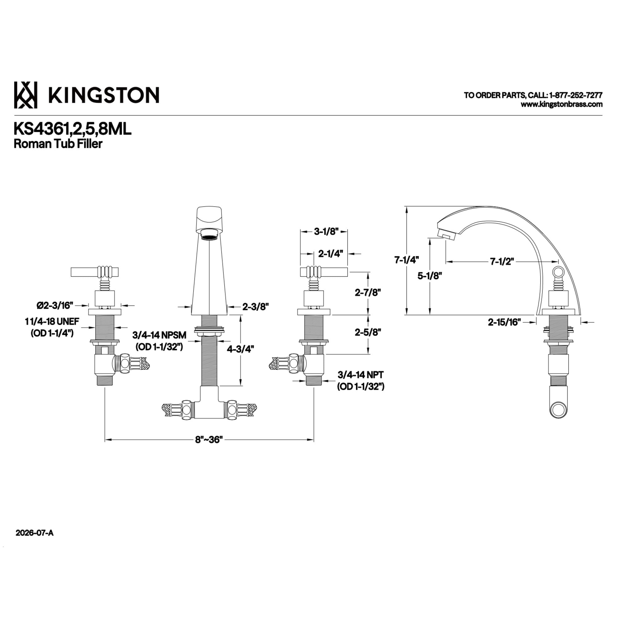 Kingston Brass KS4368ML Two-Handle 3-Hole Deck Mount Roman Tub Faucet in Brushed Nickel