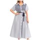 thumbnail image 1 of Vestido camisero de talla grande con cordones y solapa con estampado de rayas de manga corta informal de verano a la moda para mujer Pompotops ghjkhdj18654, 1 of 9