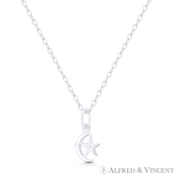 Crescent Moon & Star Turkish / Muslim Charm 13x7mm (0.5x0.3in) Pendant & Chain Necklace in .925 Sterling Silver