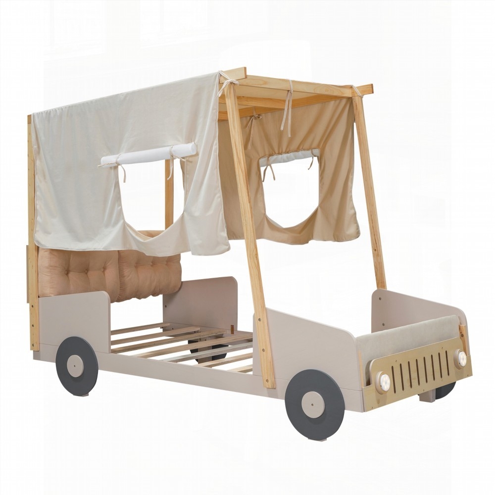 Twin Size Car Bed with Natural Wood and Fun Car Light LED