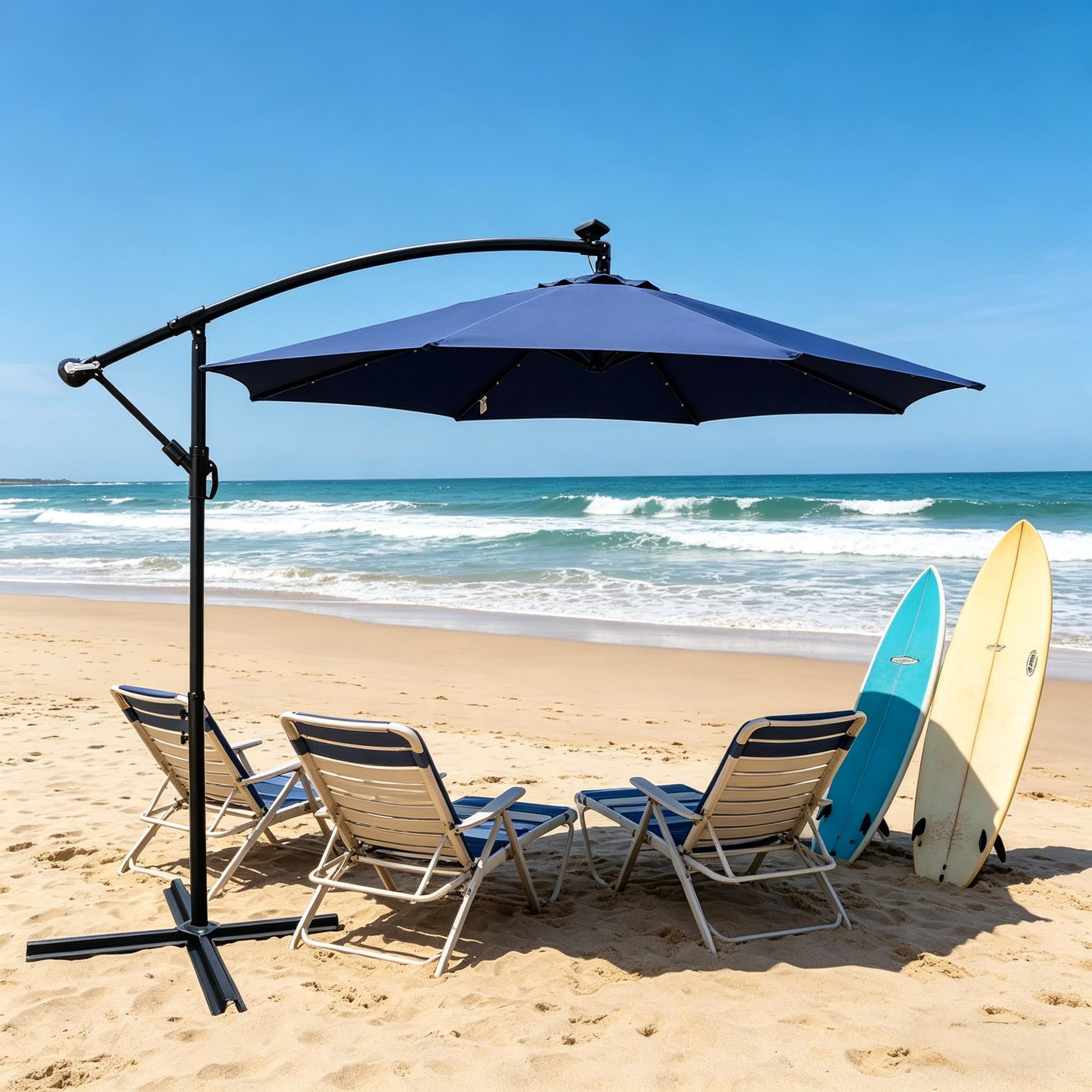 Howcool 10 ft Outdoor Patio Umbrella Solar Powered LED Lighted Sun Shade Market Waterproof 8 Ribs Umbrella with Crank and Cross Base for Garden Deck Backyard Pool Shade Outside Deck Swimming Pool