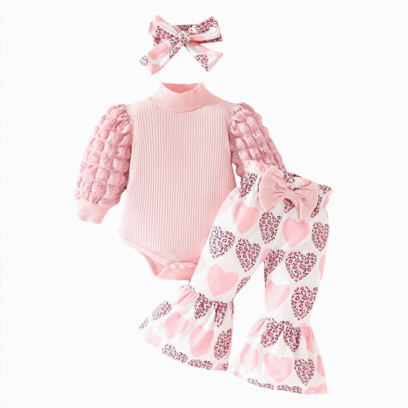 UAYOTSE Baby Girl Clothes Long Sleeve Romper 3Pcs Baby Girl Outfits Flare Pants Set with Headband Fall Baby Girl Winter Clothes(Style2-Pink,0-3 Months)