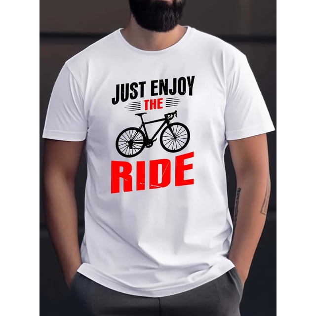 T-Shirt Col Rond en Polyester Décontracté pour Hommes avec Imprimé "Just Enjoy The Ride" pour Vélo, Haut en Tissu Tricoté Coupe Régulière avec Design Alphabet Légèrement Extensible pour Adulte, Hommes, Femmes, Adolescents