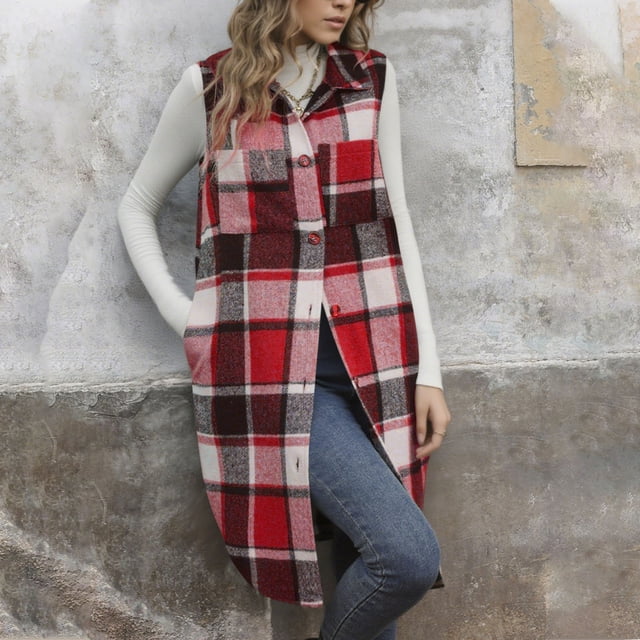 RBCKVXZ Long Gilet à Carreaux pour Femmes Chemise Sans Manches à Boutons Mode Col Haut Veste avec Poches Rouge P