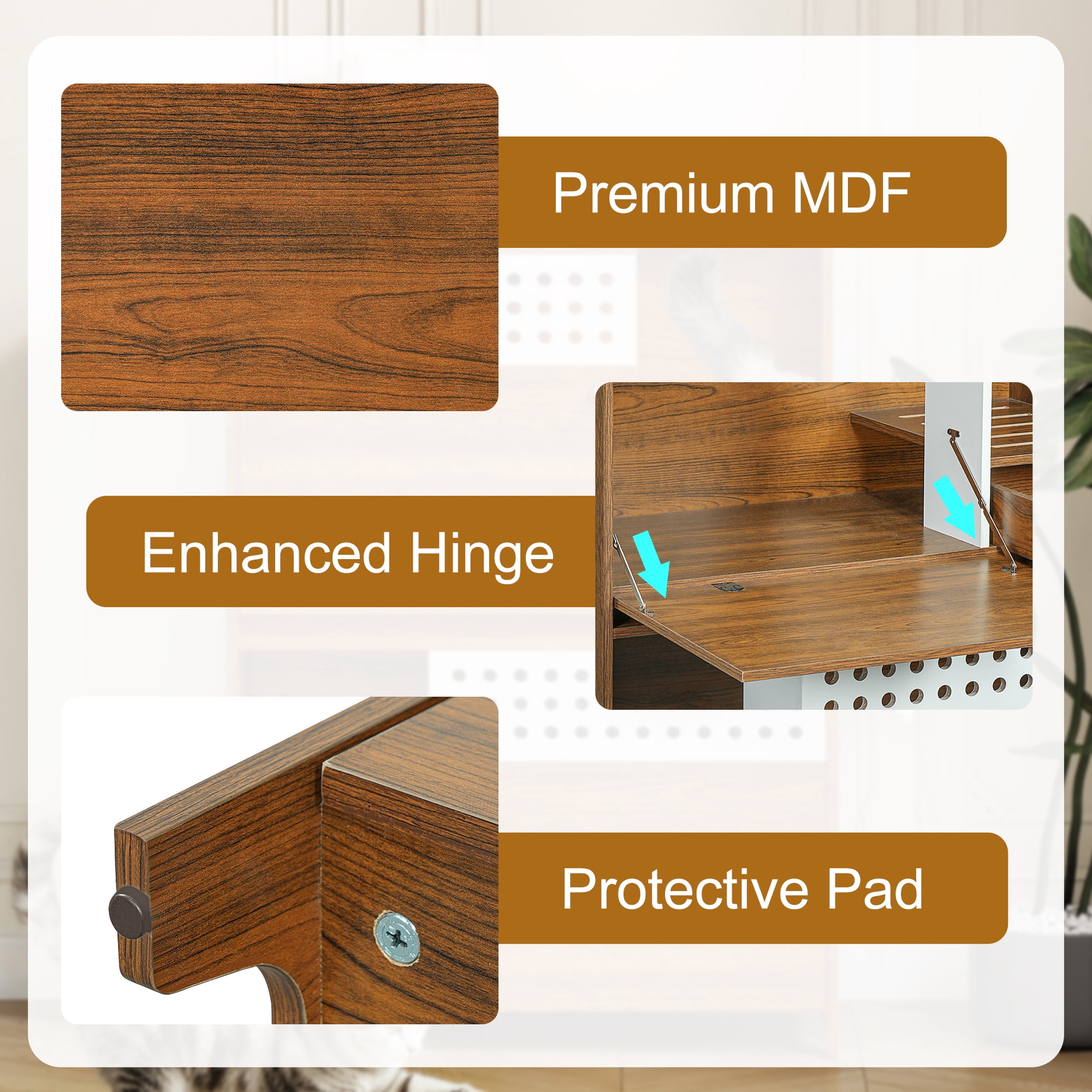 Modern 2-in-1 Cat Litter Box Enclosure, Brown Hidden Cat House Side Table with Storage, Ventilated Perforated Panel Pet Furniture, Heavy-Duty MDF Cabinet for 2 Small to Medium Cats