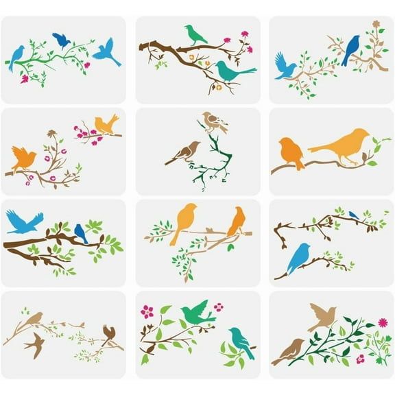 12 Pcs Birds on Tree Branch Painting Large Stencil 8.3x11.7" 12 Styles Avian Serenade Spraying Stencil Fluttering Bird Family Drawing Stencil Animal Theme Wall Template for Home Decor