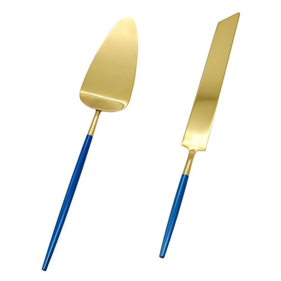 Koyal Wholesale Modern Wedding Cake Knife And Server Set - 2-Piece Gold Cake Cutter & Server With Navy Blue Handle