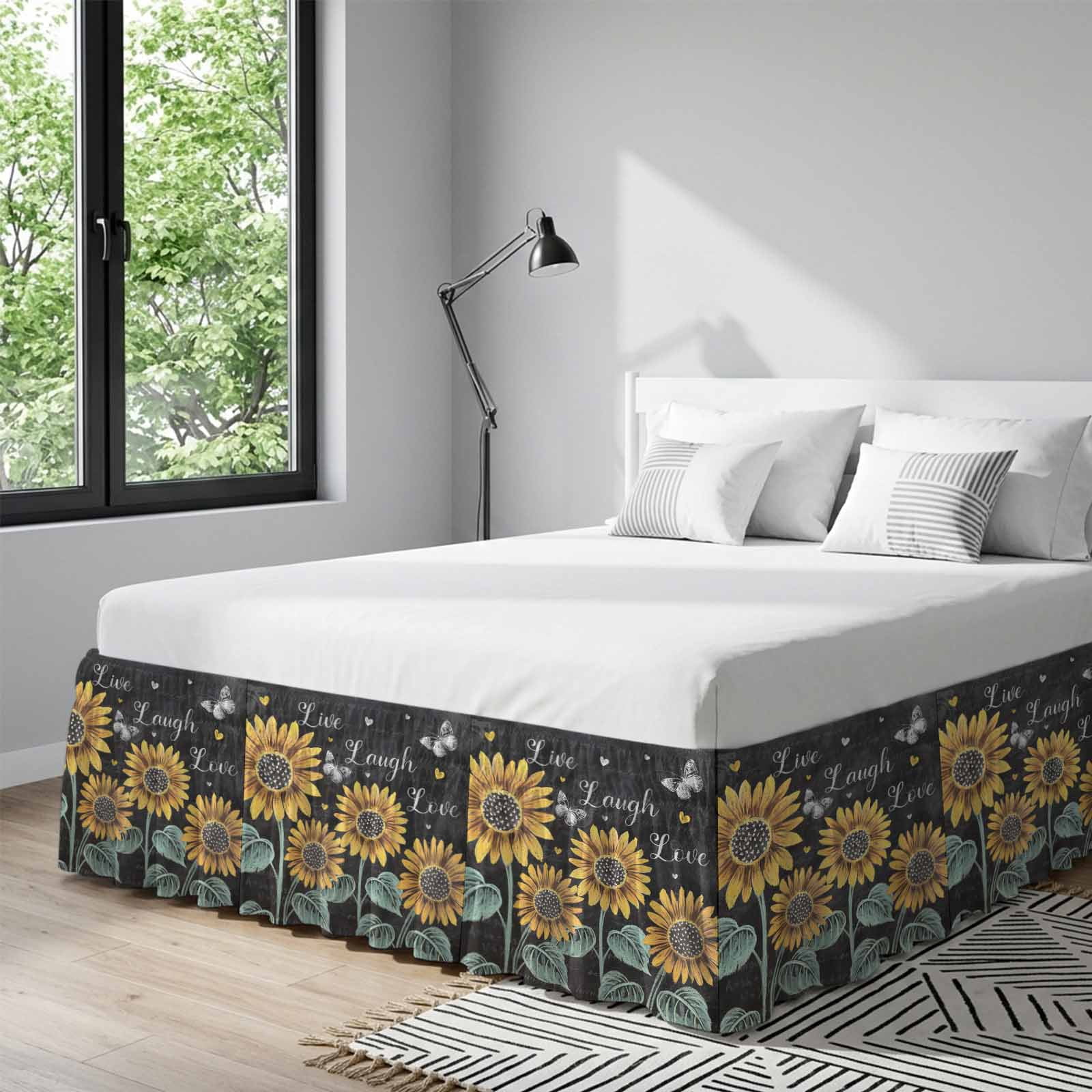 Summer Sunflowers Bed Skirt King Size 18 Inch Drop, Elastic Wrap Around Bed Skirts Pleated Luxury Dust Ruffles For Twin Full Queen Cal King Base Beds, Farmhouse Cartoon Botanical Flowers