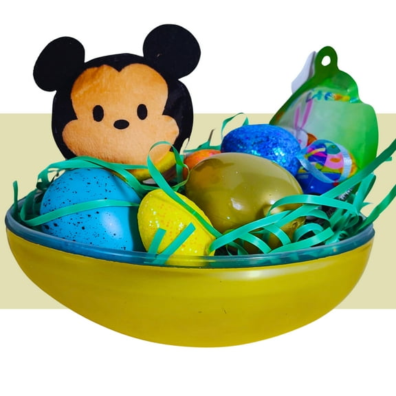 Happy Easter Basket Pre-Filled Surprise 6-inch Egg w/ Mickey Plushie Balloon Eggs Peeps Candies & Reusable Plastic Egg-Shaped Container Spring Party Favors (Contents May Vary)