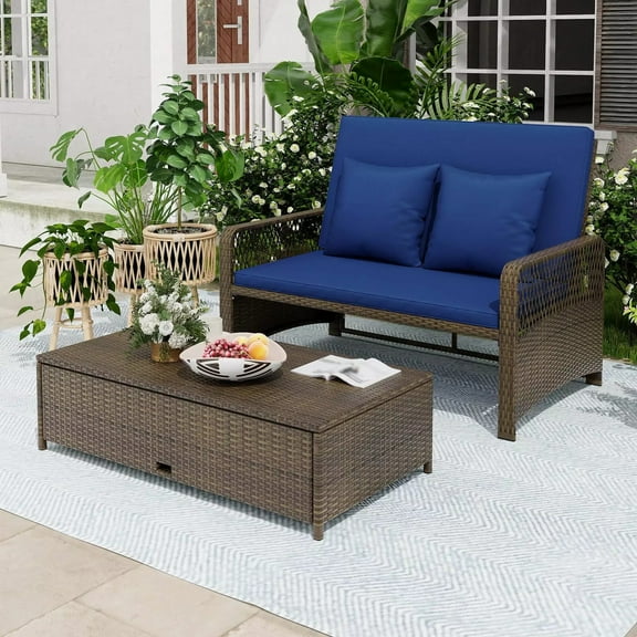 Auranook Patio Rattan Daybed, Wicker Loveseat Sofa with Multifunctional Ottoman, 4-Level Adjustable Backrest, Zipped Seat Cushion, Wicker Patio Outdoor Daybed for Yard