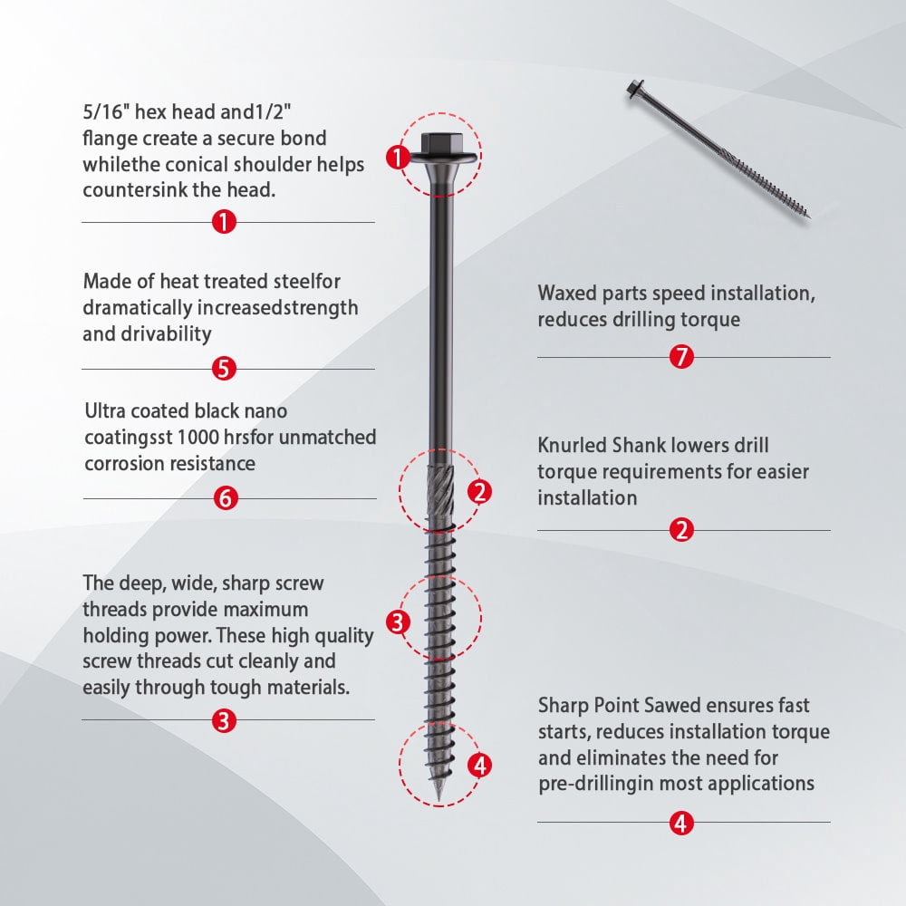 KAPAS Timber/Log/Landscaping/Deck Framing Wood Screws #14 1/4 X 10” Hex Head, Hardened Steel , Black NANO 1000hrs + Wax Exterior Coated Heavy Duty Screws (50 Count Pkg - with 5/16 inch drive bit)