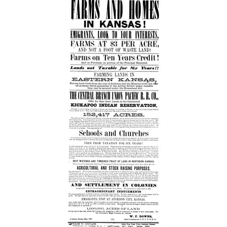 Union Pacific Poster 1867 Na Union Pacific Railroad Broadside Of 1867 Advertising Land For Sale In Kansas Including Acreage On The Kickapoo Indian Reservation Rolled Canvas Art -  (24 x