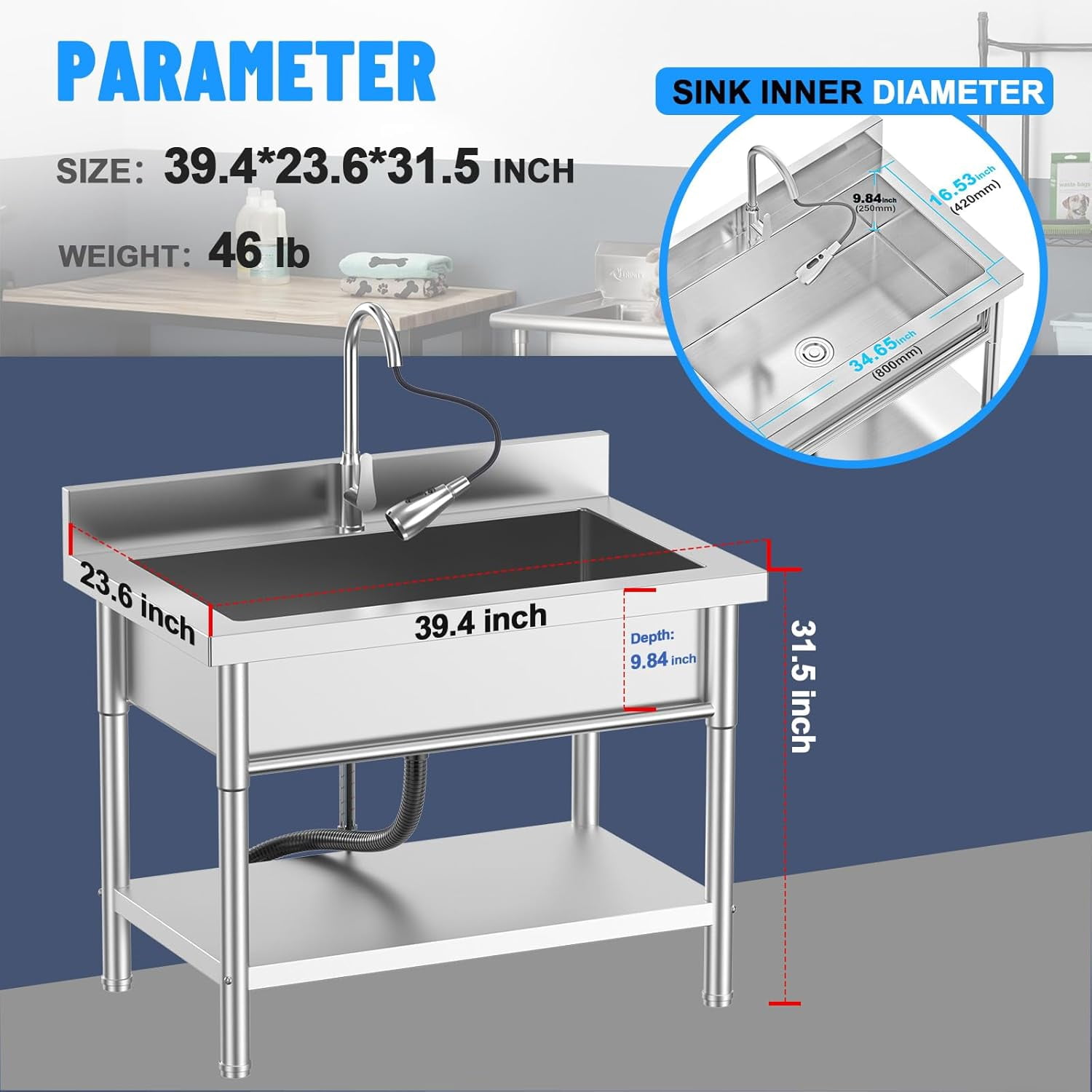 Freestanding Utility Sink, 40" Heavy Duty Stainless Steel Laundry Sinks for Garage, Outdoor Kitchen or Workshop, with Cold and Hot Water Faucet,Hoses and Drain Kit