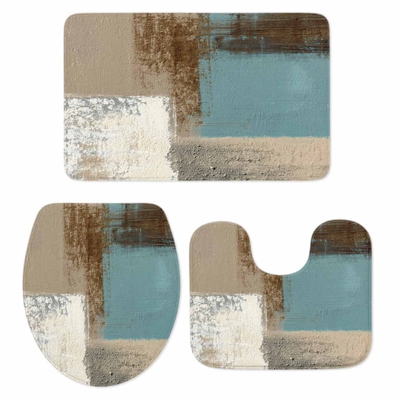 Abstract Mottled Bathroom Rugs Set Brown Teal Vintage Oil Painting Texture Non Slip Absorbent Soft Bath Mats 3 Piece Set with Bathroom Rug, U-Shaped Floor Mat, Toilet Seat Cover Small Size