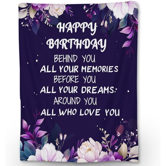 Happy Birthday Blanket, Soft Fuzzy Warm Lightweight Flannel Throw Blanket with Floral Frame, Ideal for Couch, Bed, Decor, Travel & Outdoor Use, Cozy Blankets for Adults Kids 80×60 in