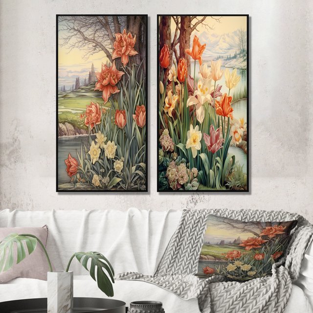 Designart "Illustration Rétro Tulipes Rouges en Fleurs III" Art Mural Encadré Fleurs Sauvages Ensemble de 2 - Art Mural Encadré Traditionnel Rouge Ensemble de 2