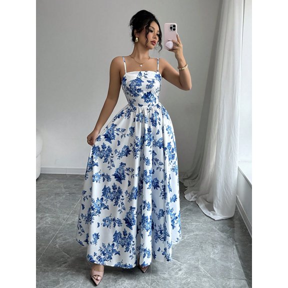 Standard Blue Floral Print Sleeveless A-Line Maxi Dress For Parties, Graduations, And Festivals