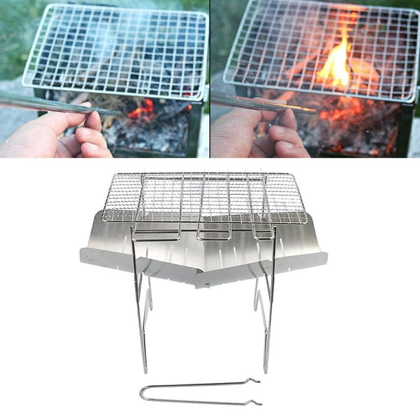 Parrilla de Carbón para Barbacoa, Parrilla para Ahumador de Barbacoa de Acero Inoxidable Plegable Portátil, Adecuada para Picnics de Campamento Estufa de 3 piezas + palo de barbacoa + parrilla Macarena Parrilla de carbón portátil