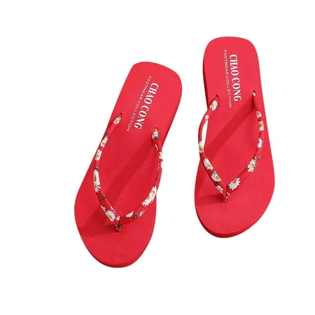 

Wandatree Womens Summer Daisy Sandals Flip Flops High Heel Platform Beach Shoes 6.5-7 Red
