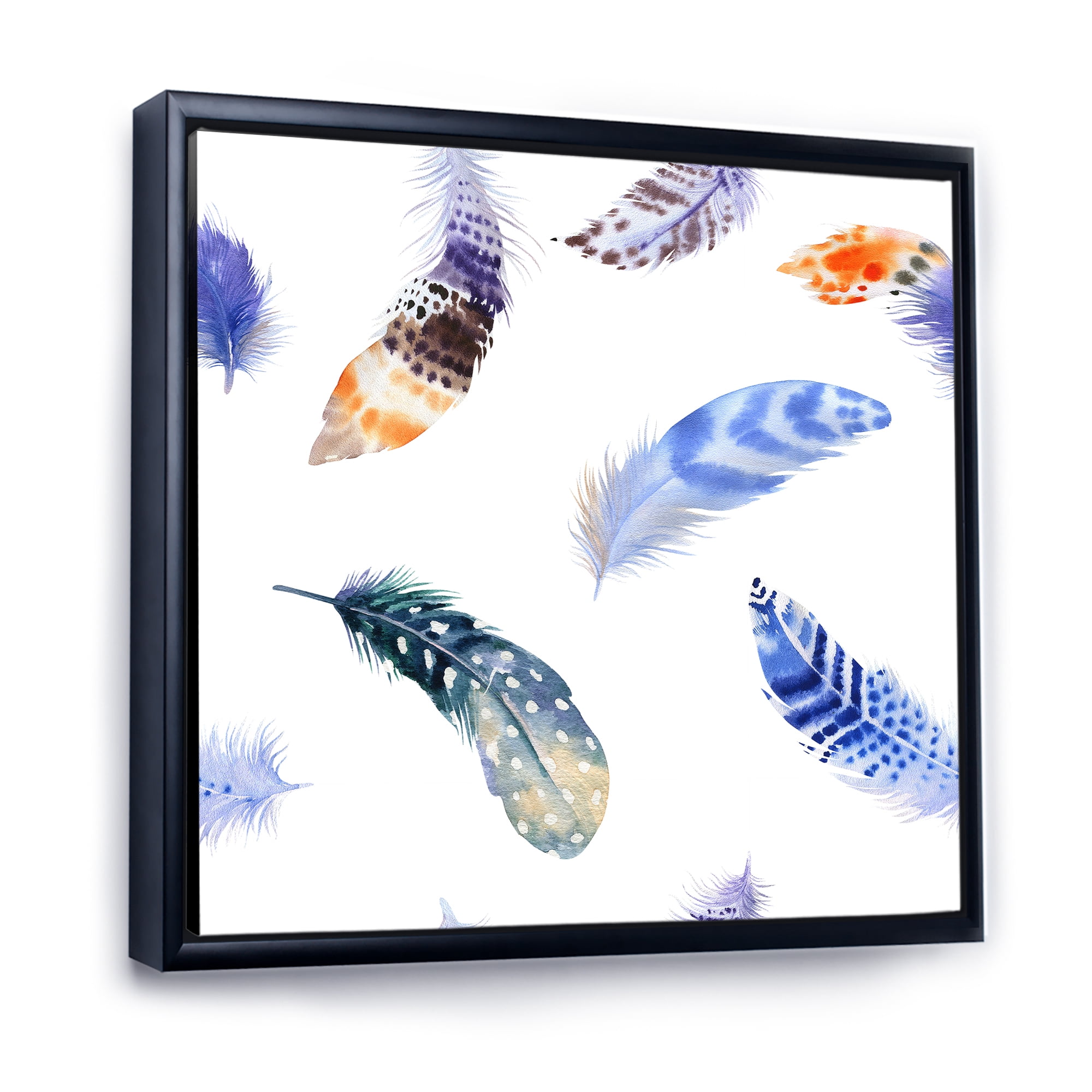 Designart 'Colourful Boho Feather Set On White VII' Bohemian & Eclectic Framed Canvas Wall Art Print