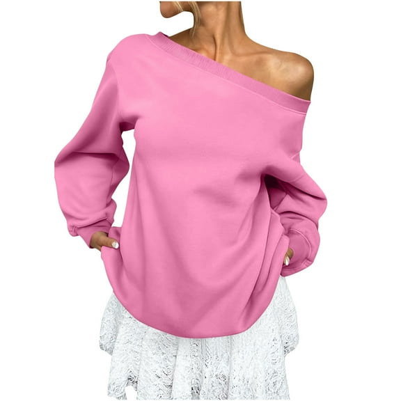 Womens Off Shoulder Sweatshirts Oversized Fit Long Sleeve Cotton Fleece Lined Pullover Solid Casual Baggy Tops (XL, Pink)