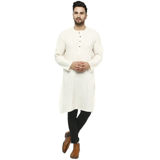 SKAVIJ Tunique Homme Kurta en Coton Chemise Longue Coupe Régulière (Petit, Off-White))