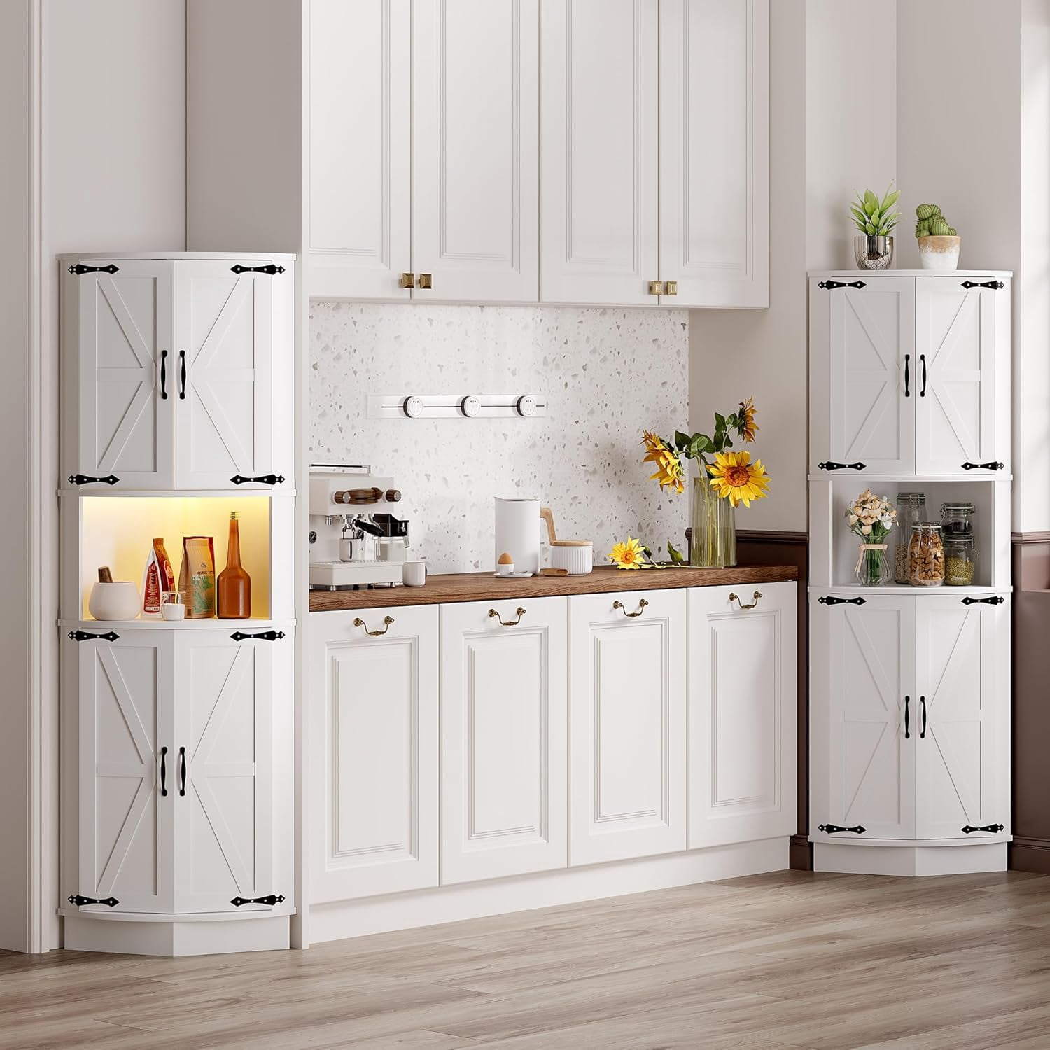 65" Tall Farmhouse Corner Cabinet with LED Light, Display Storage Cabinet with Barn Door, Tall Bathroom Cabinet, Standing Corner Storage Cabinet with 5 Tier Shelves and USB Ports & Outlets for Living