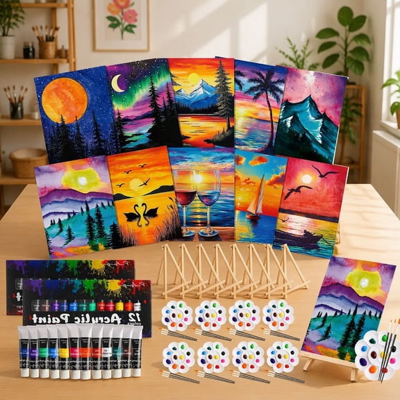 72 Paint and Sip Kit for Adults, 10 Pre Printed Canvas 8x10 Inch Painting Set with Paint, Wood Easels, Brushes and Trays for Party, Date Night, DIY