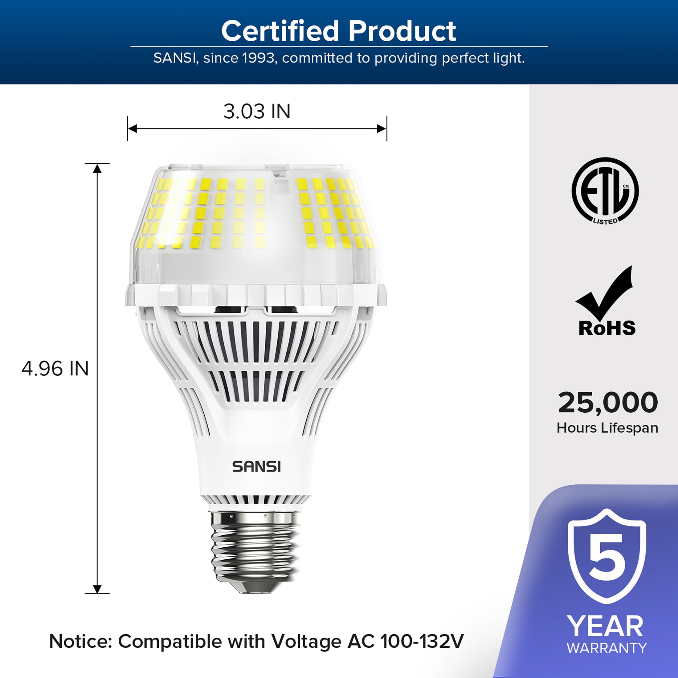 SANSI 250W Equiv A21 LED Light Bulb, 27W 4000 Lumens E26 Bulb, 5000K Daylight Non-Dimmable, 2-Pack