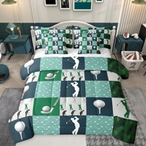 Homewish Golf Sport Game 7-Piece Bedding Comforter Set,Patchwork Geometric Checkered King Bedding Sets,Green White Bed Sheets For Boys Kids,Luxury Bedroom Decor Reversible
