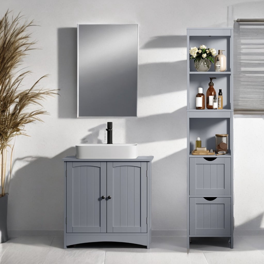 LEDREM Corner Cabinet with 2 Drawers & 3 Shelves, Freestanding Storage Organizer 55.7" Tall, Space-Saving Design, Dove Grey