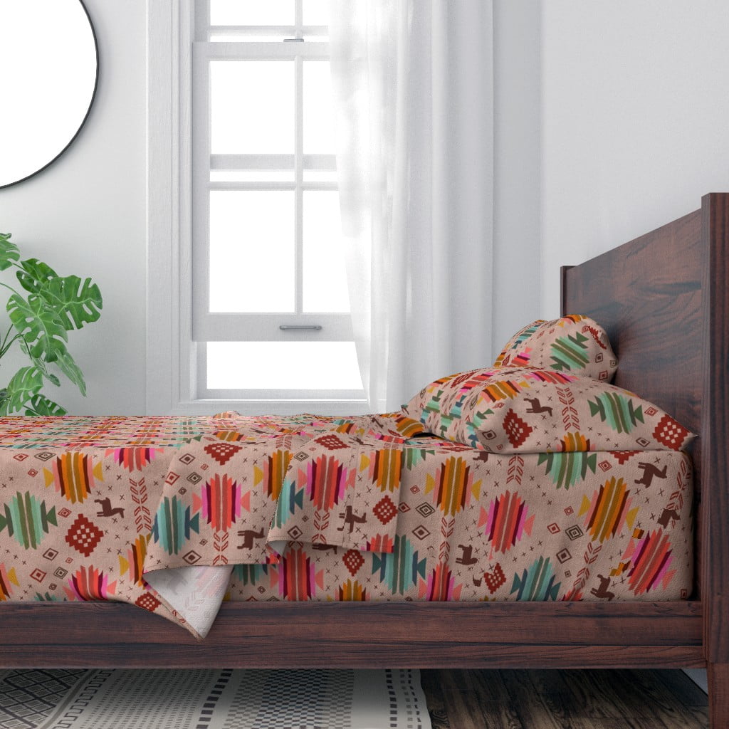 100 Cotton Sheets, Queen 4pc Set Llama Kilim Bold Diamond Geometric