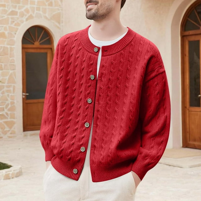 Yaoyar Man Solid-Color Casual Elastic Knitwear Button-Up Long Sleeve Coarse-Needle Cardigan Round-Neck Sweater