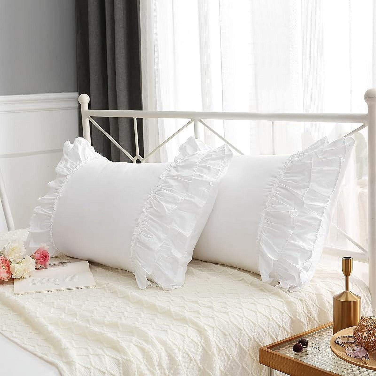 White Ruffled Pillow Shams Standard Twin Size Pillowcases Pure Cotton Pillow Covers 20"x26" 2-Pack