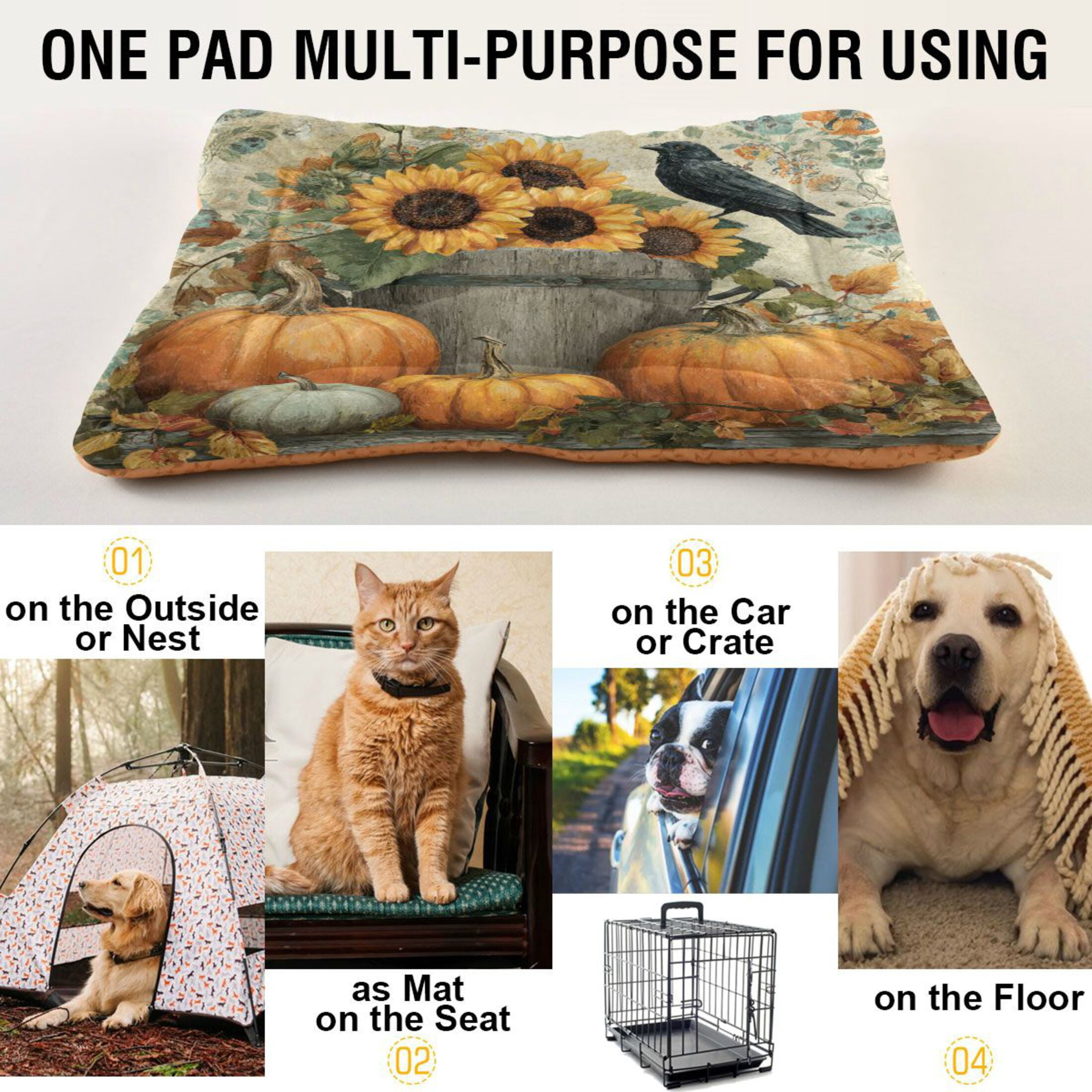 Qxltty Pumpkins Sunflowers Ped Pad Wear-resistant and Hard to Bite Through Sleeping Pad for Small Medium Large Dogs Winter Pet Bed 36×24in