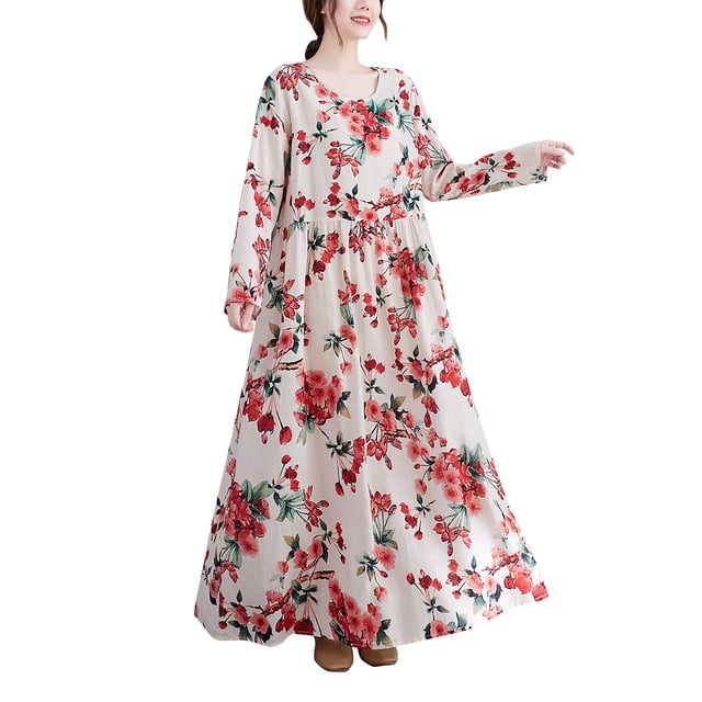 Vestido suelto de mujer Vintage estampado manga larga cuello redondo cintura alta Casual vestido Romacci Vestido