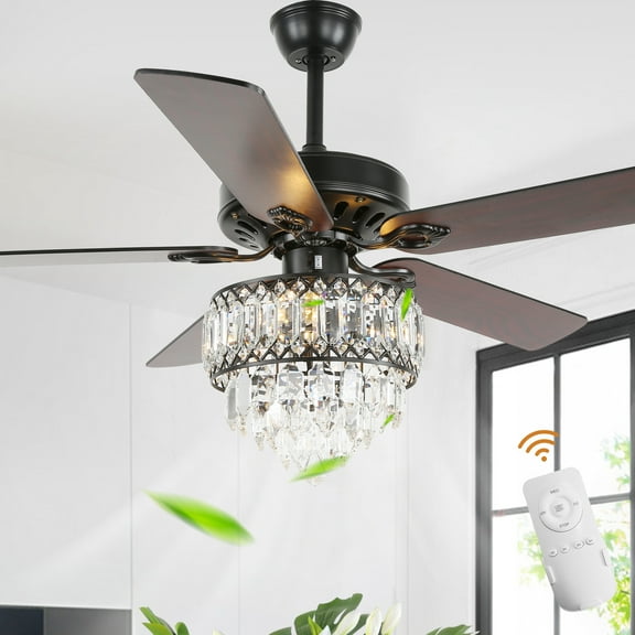 52 Inch Black Crystal Ceiling Fan with Remote Control and Light Kit 6-speed Reversible DC Motor