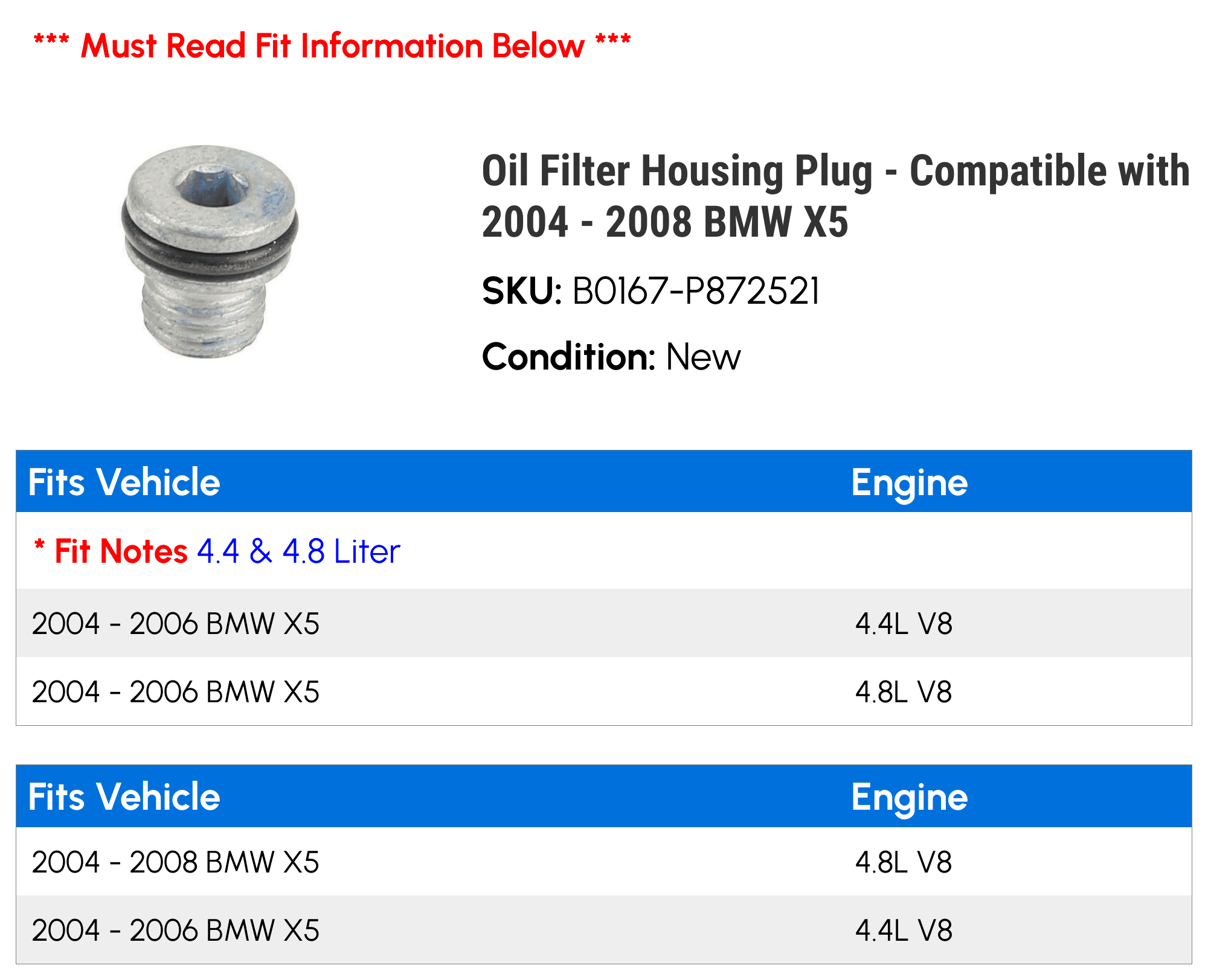 Oil Filter Housing Plug - Compatible with 2004 - 2008 BMW X5 2005 2006 2007
